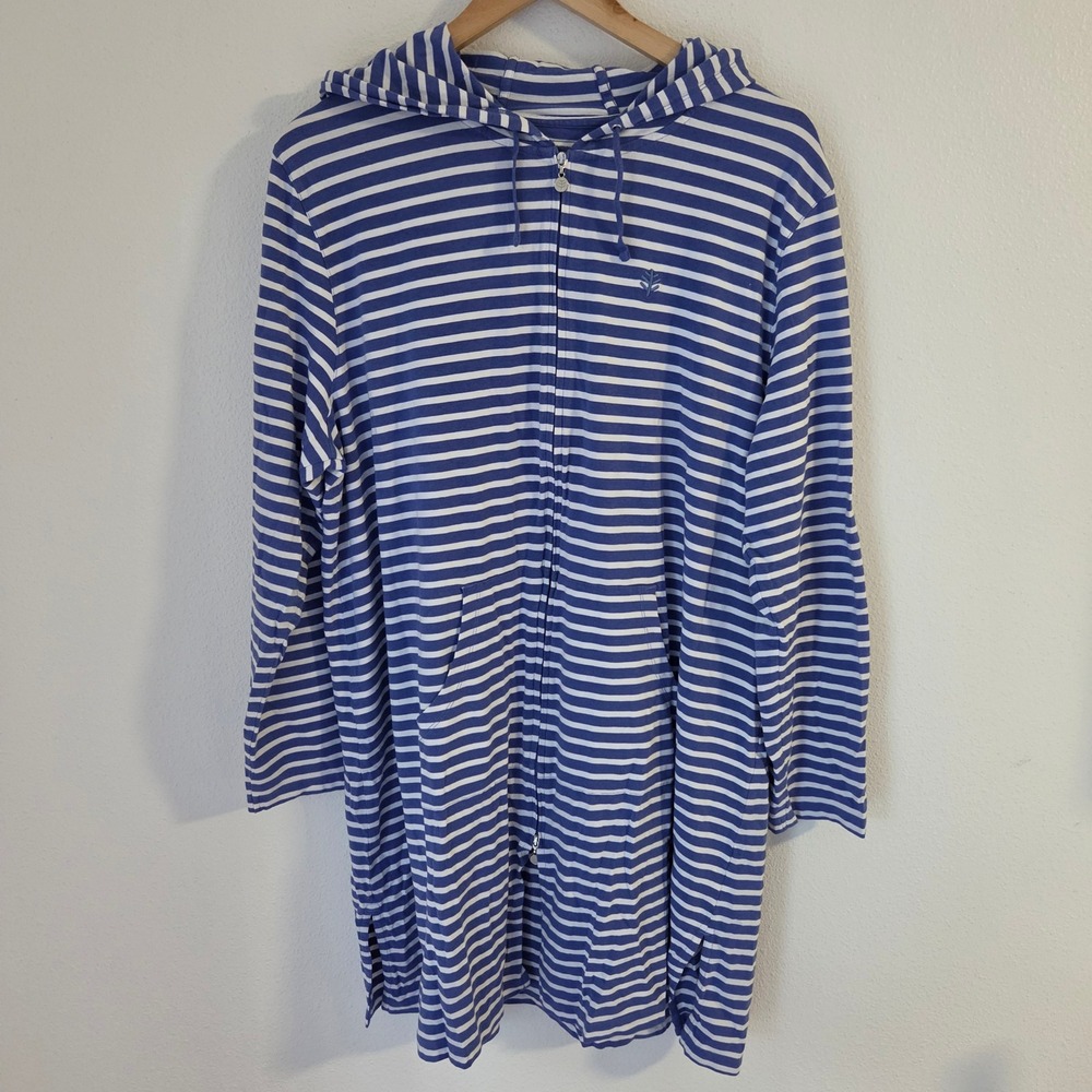 Coolibar Womens Blue White Striped Full Zip Hoodie Beach Coverup Longline XXL